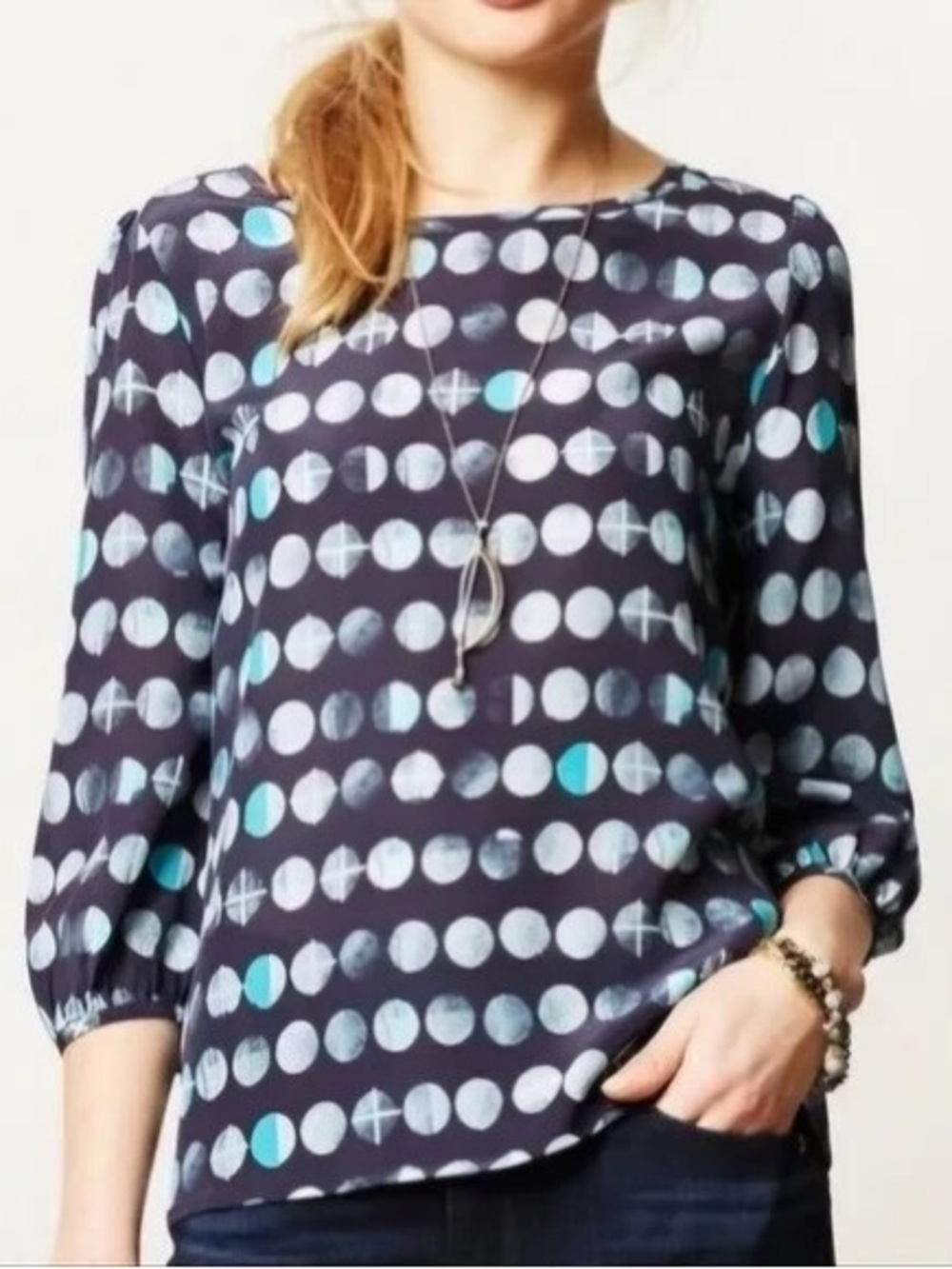 HD in Paris Women's Navy Dot Print Silk Blouse
